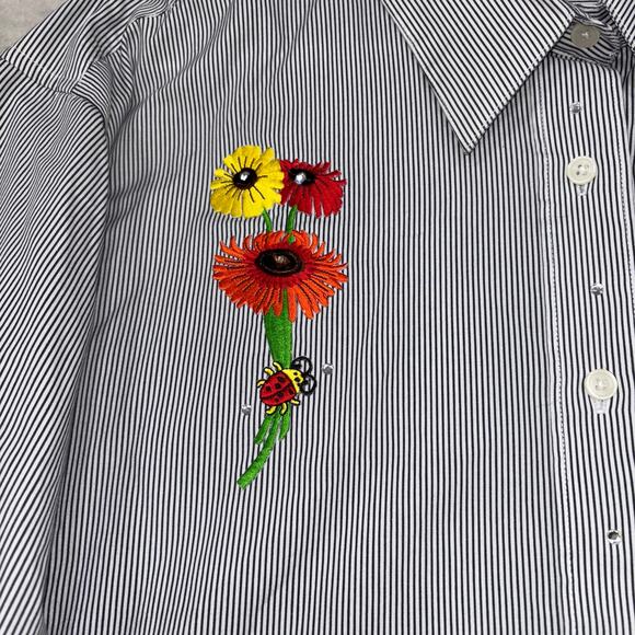 Las Olas Womens Floral Embellished Striped Button Top 1X Plus Artsy Statement - Picture 8 of 10